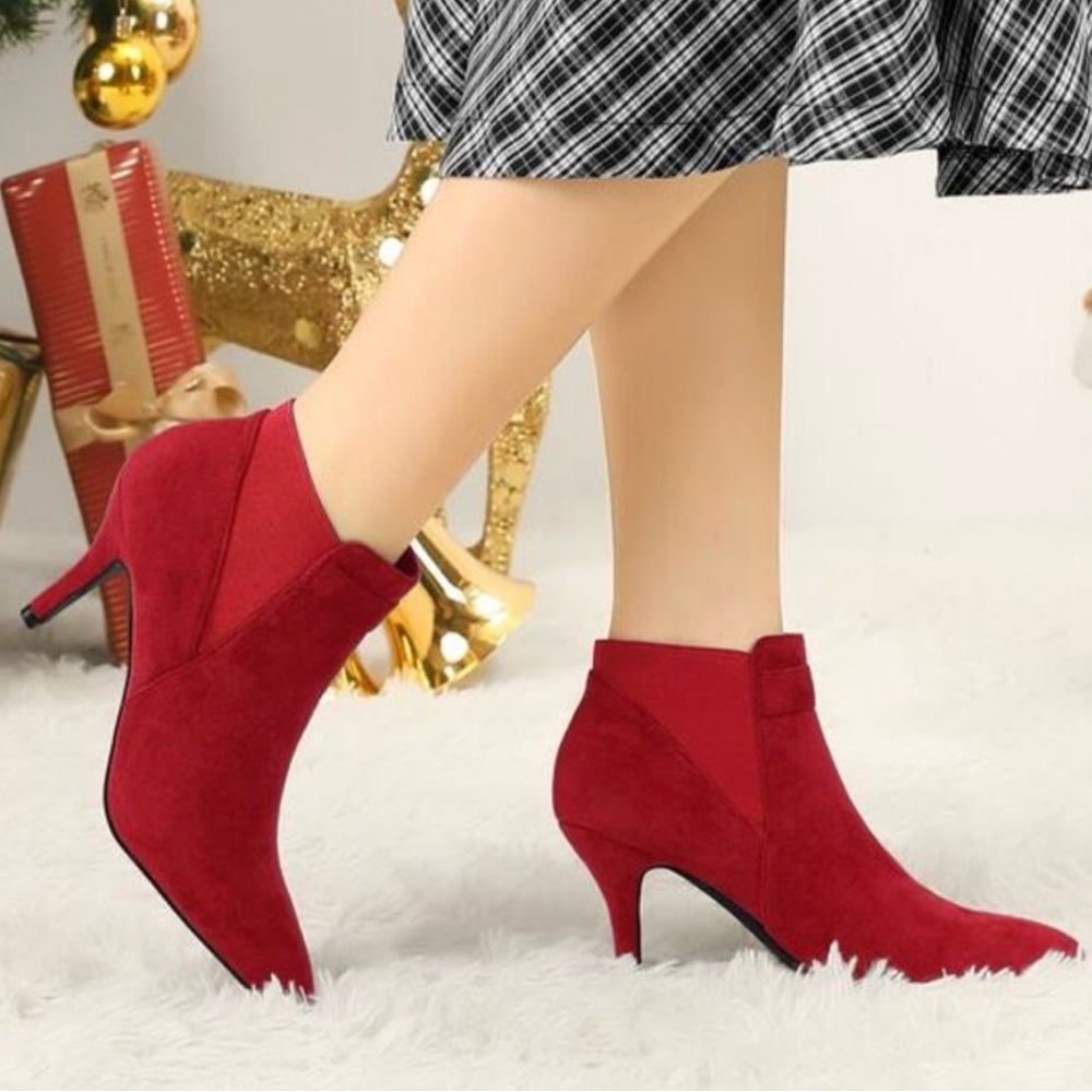 ALLEGRA K Red Suede Pointed Toe Pull On Stiletto Heel Ankle Boots Booties, 9